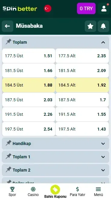 Spinbetter Türkiye Voleybol Toplamlar ve Handikap